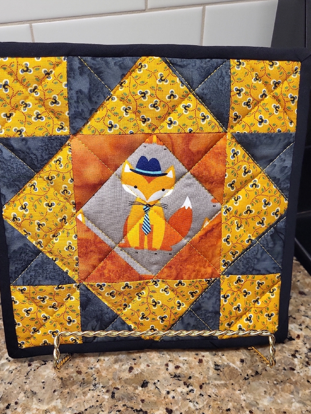 Handmade Fox Patchwork Potholders - Yellow, Orange, Gray - set of 2